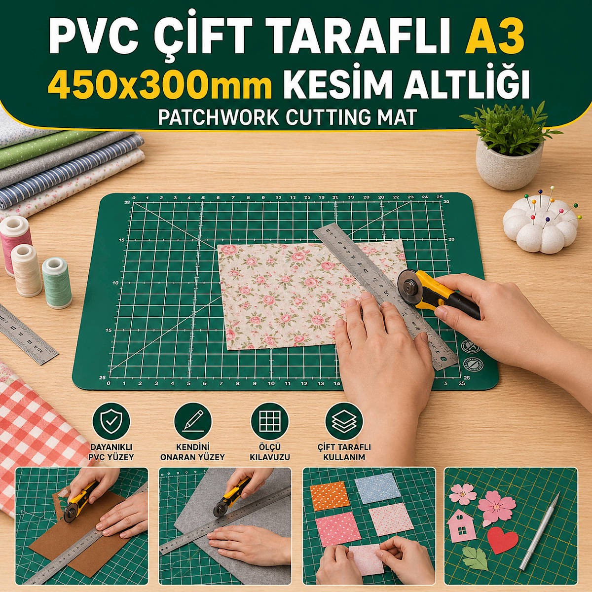 PVC �ift Tarafl� A3 450x300mm Kesim Altl��� Patchwork Cutting Mat