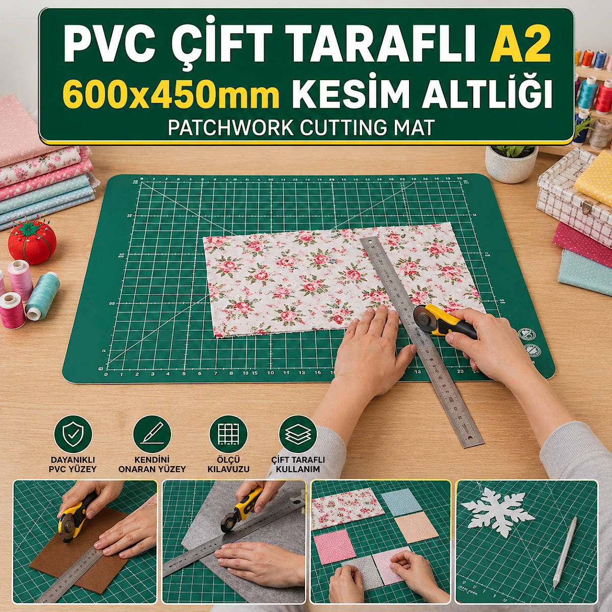 PVC �ift Tarafl� A2 600x450mm Kesim Altl��� Patchwork Cutting Mat