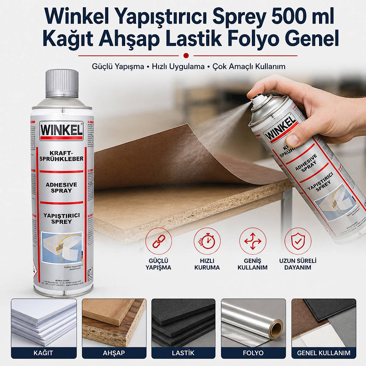 Winkel Yapıştırıcı Sprey 500 ml Kağıt Ahşap Lastik Folyo Genel