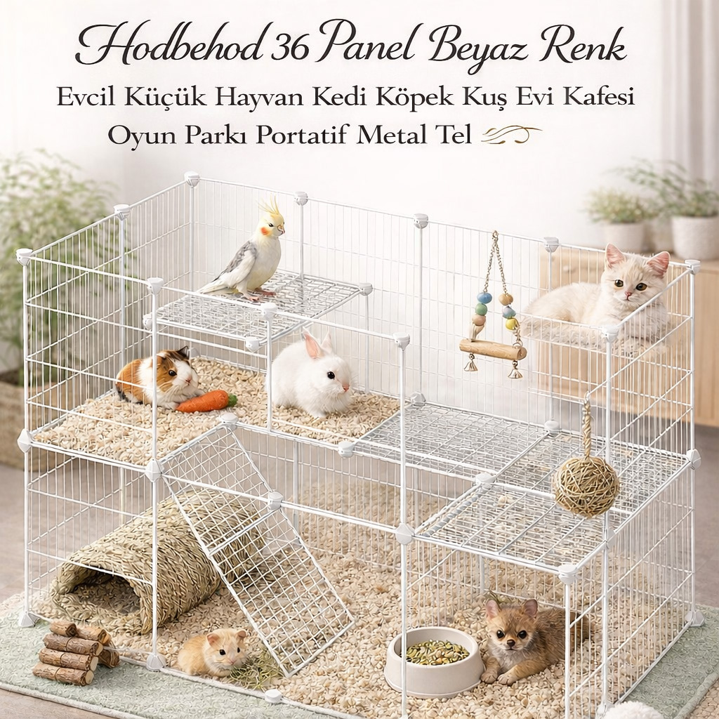 Hodbehod 36 Panel Beyaz Renk Evcil K���k Hayvan Kedi K�pek Ku� Evi Kafesi Oyun Park� Portatif Metal Tel