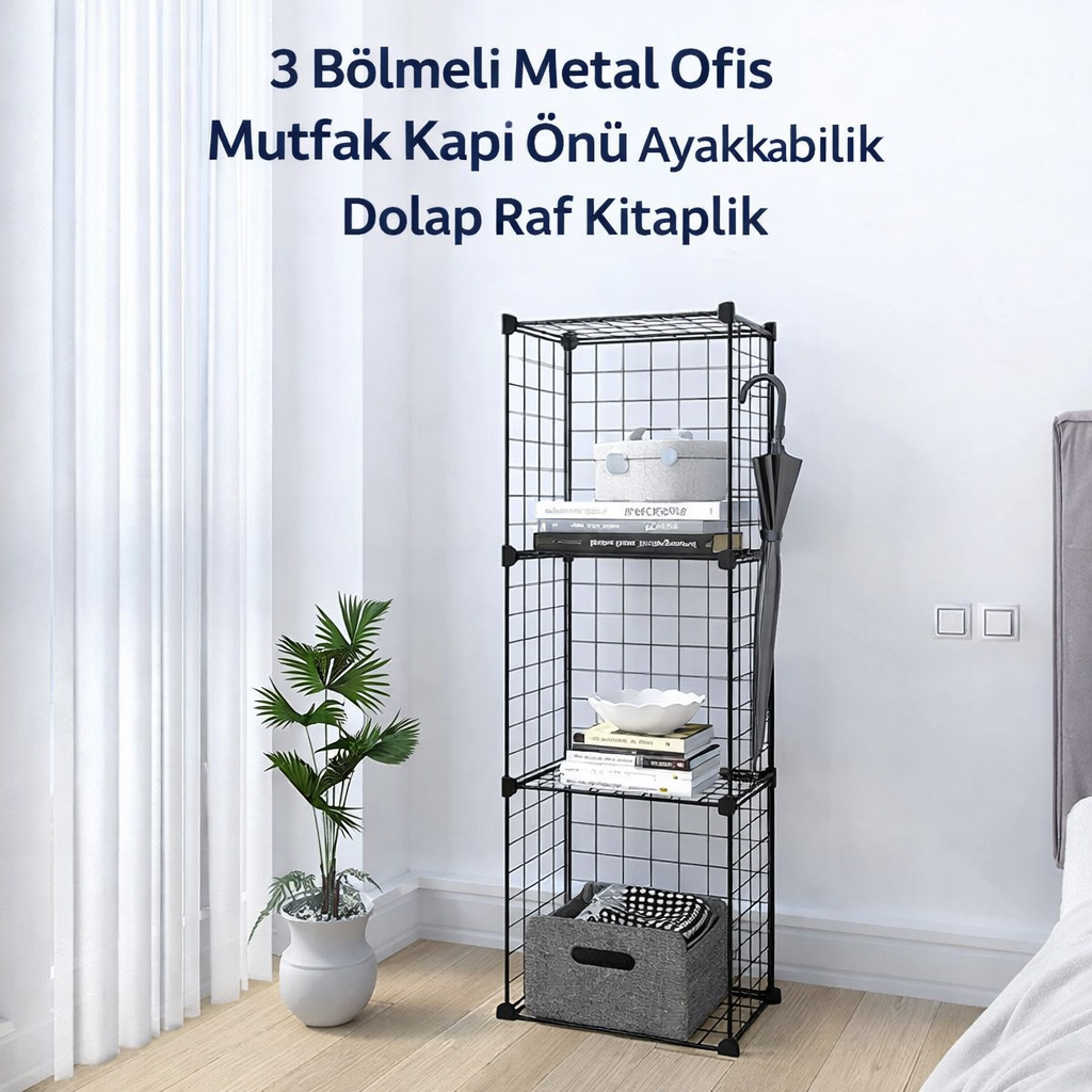 3 Bölmeli Metal Ofis Mutfak Kapı Önü Ayakkabılık Dolap Raf Kitaplık