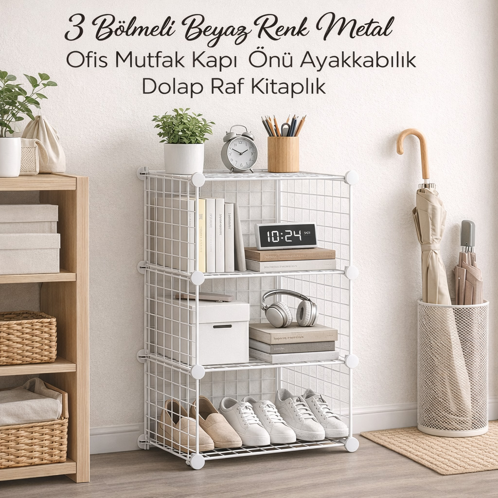 3 B�lmeli Beyaz Renk Metal Ofis Mutfak Kap� �n� Ayakkab�l�k Dolap Raf Kitapl�k