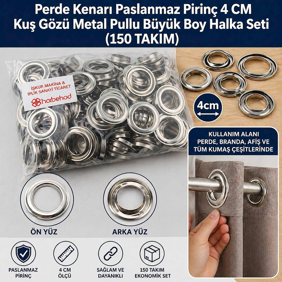Perde Kenarı Paslanmaz Pirinç 4 CM Kuş Gözü Metal Pullu Büyük Boy Halka Seti (150 TAKIM)