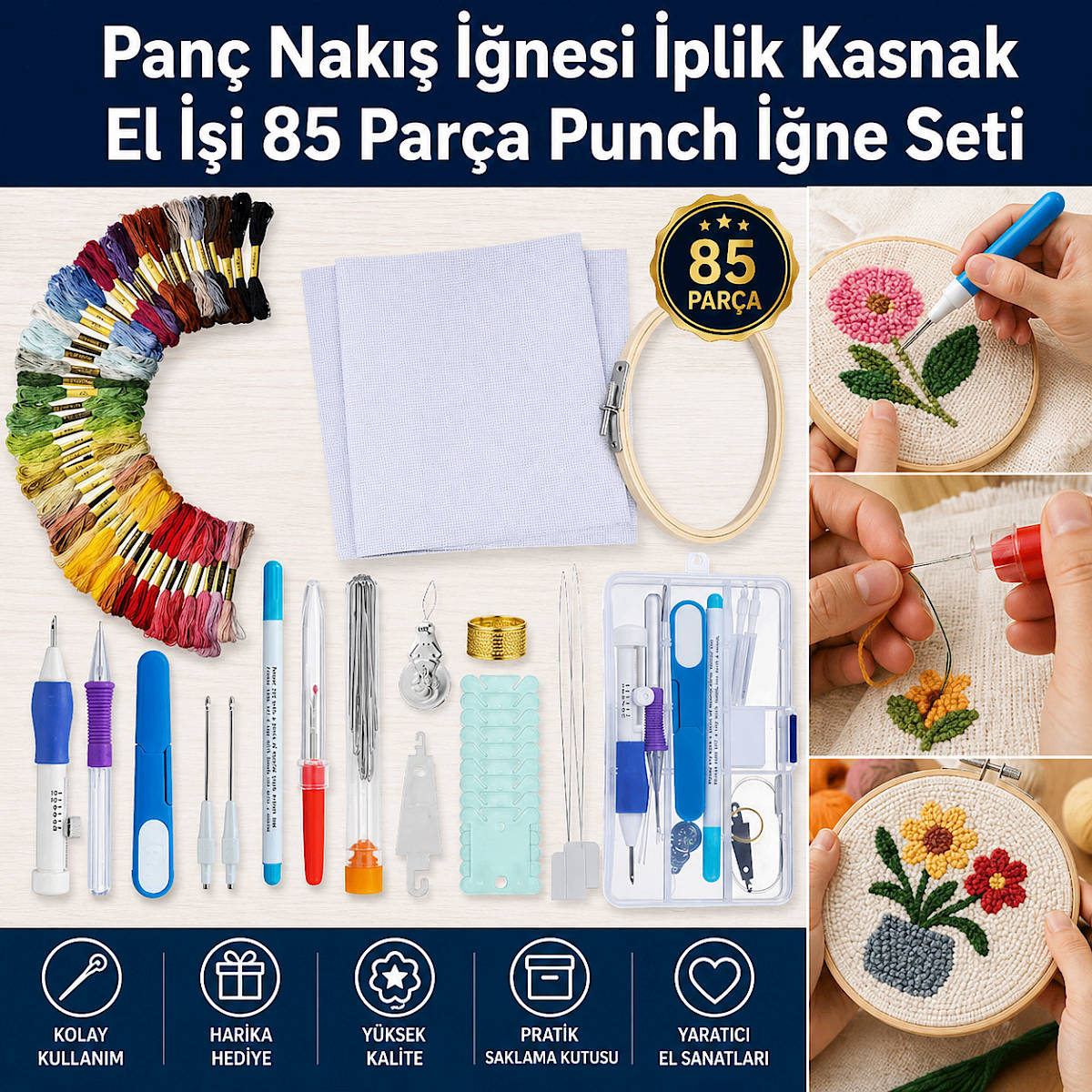 Panç Nakış İğnesi İplik Kasnak El İşi 85 Parça Punch İğne Seti