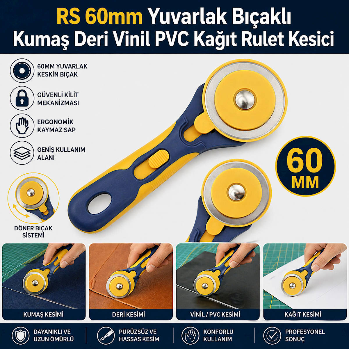 RS 60mm Yuvarlak B��akl� Kuma� Deri Vinil PVC Ka��t Rulet Kesici