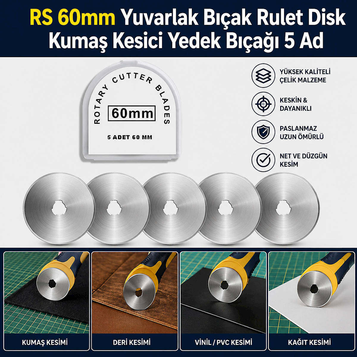RS 60mm Yuvarlak B��ak Rulet Disk Kuma� Kesici Yedek B��a�� 5 Ad
