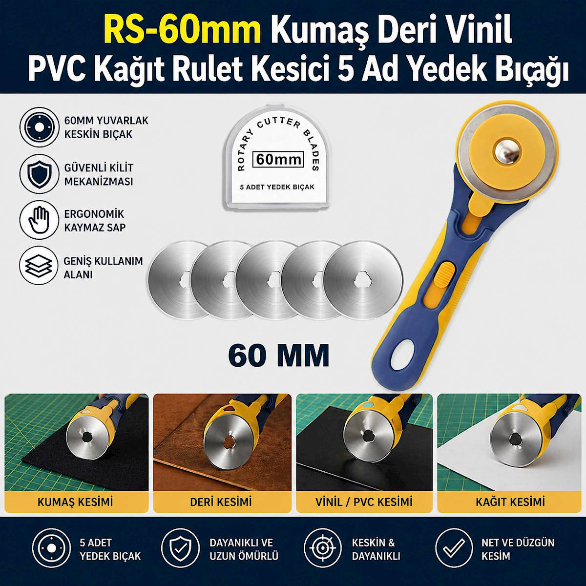 RS-60mm Kuma� Deri Vinil PVC Ka��t Rulet Kesici 5 Ad Yedek B��a��