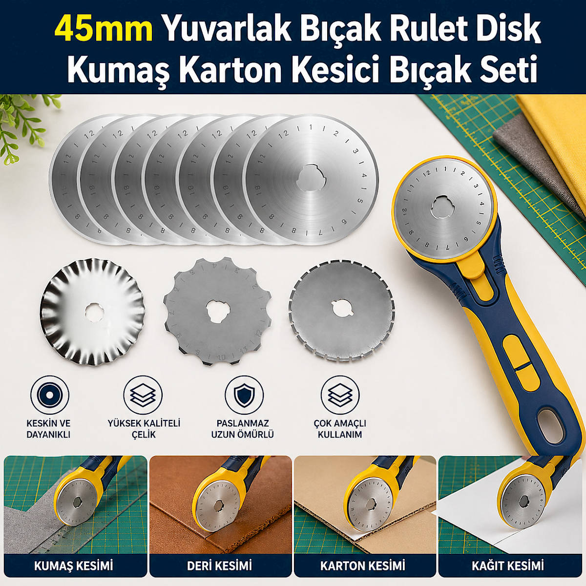 45mm Yuvarlak Bıçak Rulet Disk Kumaş Karton Kesici Bıçak Seti