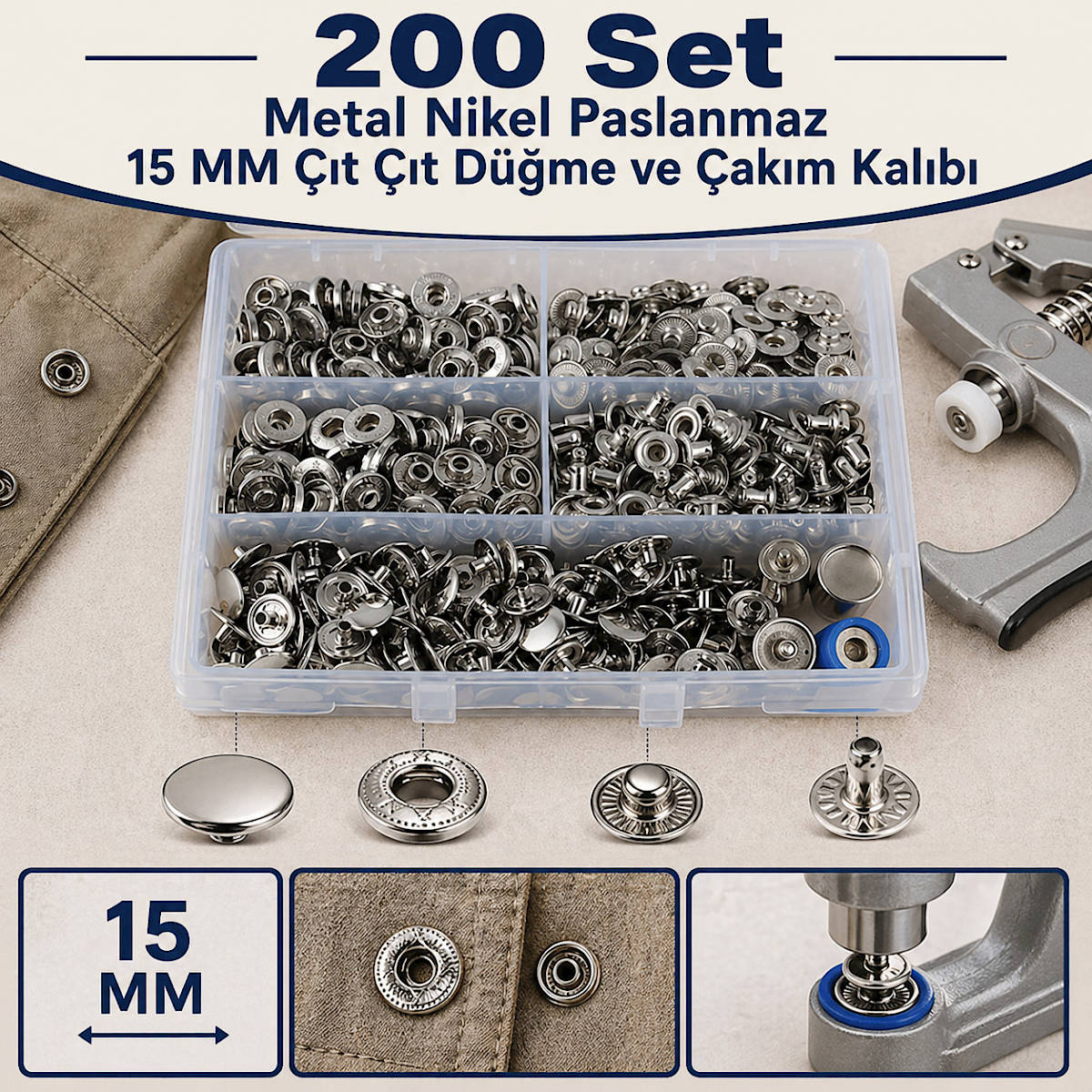 200 Set Metal Nikel Paslanmaz 15 MM ��t ��t D��me ve �ak�m Kal�b�