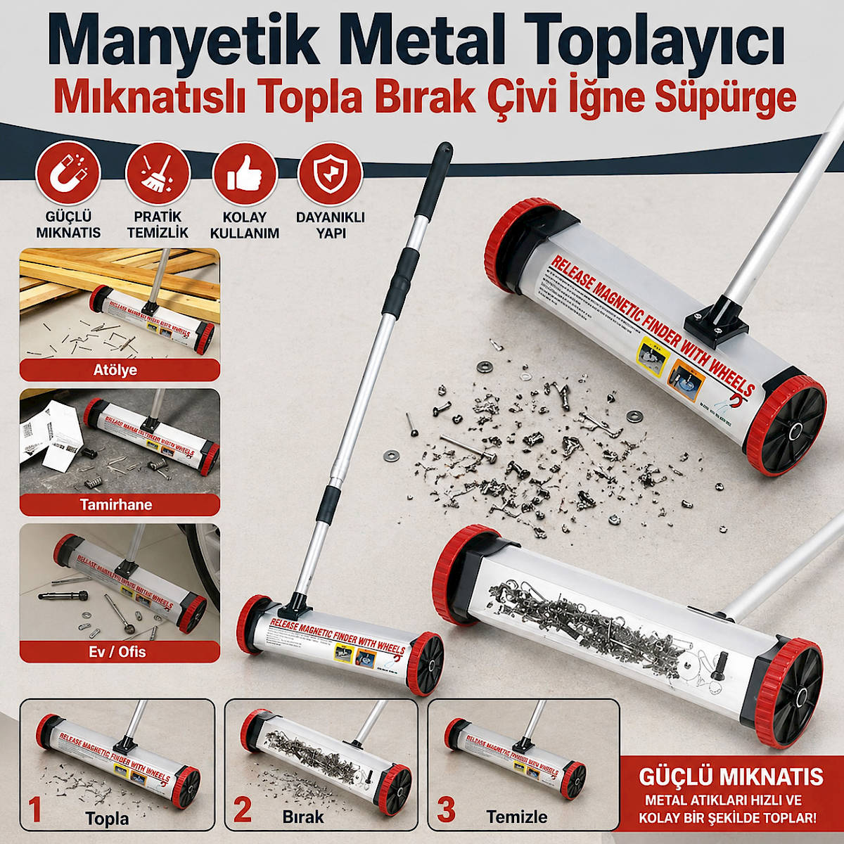 Manyetik Metal Toplayıcı Mıknatıslı Topla Bırak Çivi İğne Süpürge