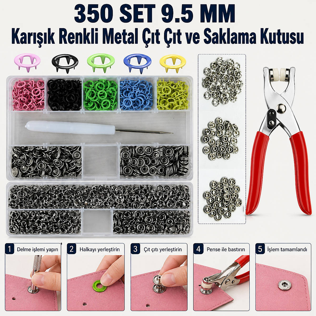 350 SET 9.5 MM Karışık Renkli Metal Çıt Çıt ve Saklama Kutusu