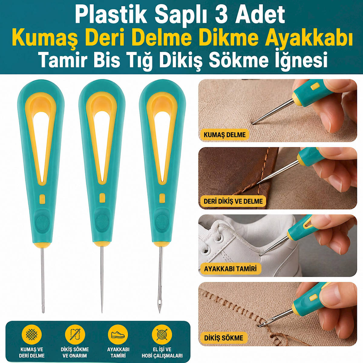 Plastik Saplı 3 Adet Kumaş Deri Delme Dikme Ayakkabı Tamir Bis Tığ Dikiş Sökme İğnesi
