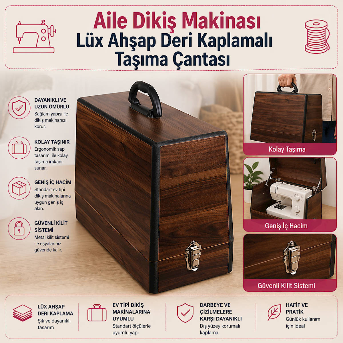 Aile Dikiş Makinası Lüx Ahşap Deri Kaplamalı Taşıma Çantası