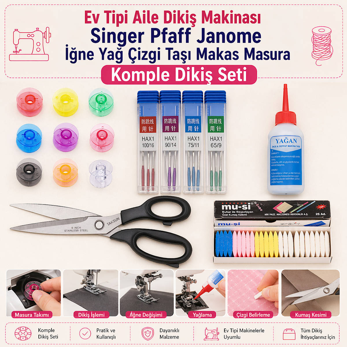 Ev Tipi Aile Diki� Makinas� Singer Pfaff Janome ��ne Ya� �izgi Ta��  Makas Masura Komple Diki� Seti