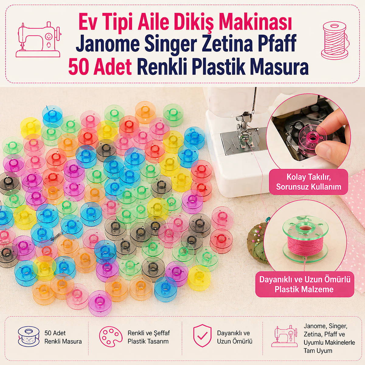 Ev Tipi Aile Diki� Makinas� Janome Singer  Zetina Pfaff 50 Adet Renkli Plastik Masura