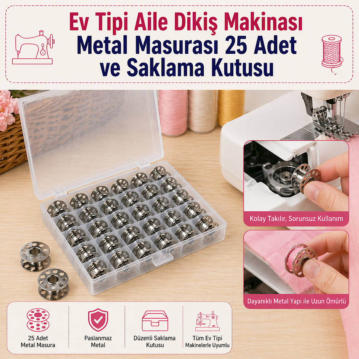 Ev Tipi Aile Diki� Makinas� Metal Masuras� 25 Adet ve Saklama Kutusu