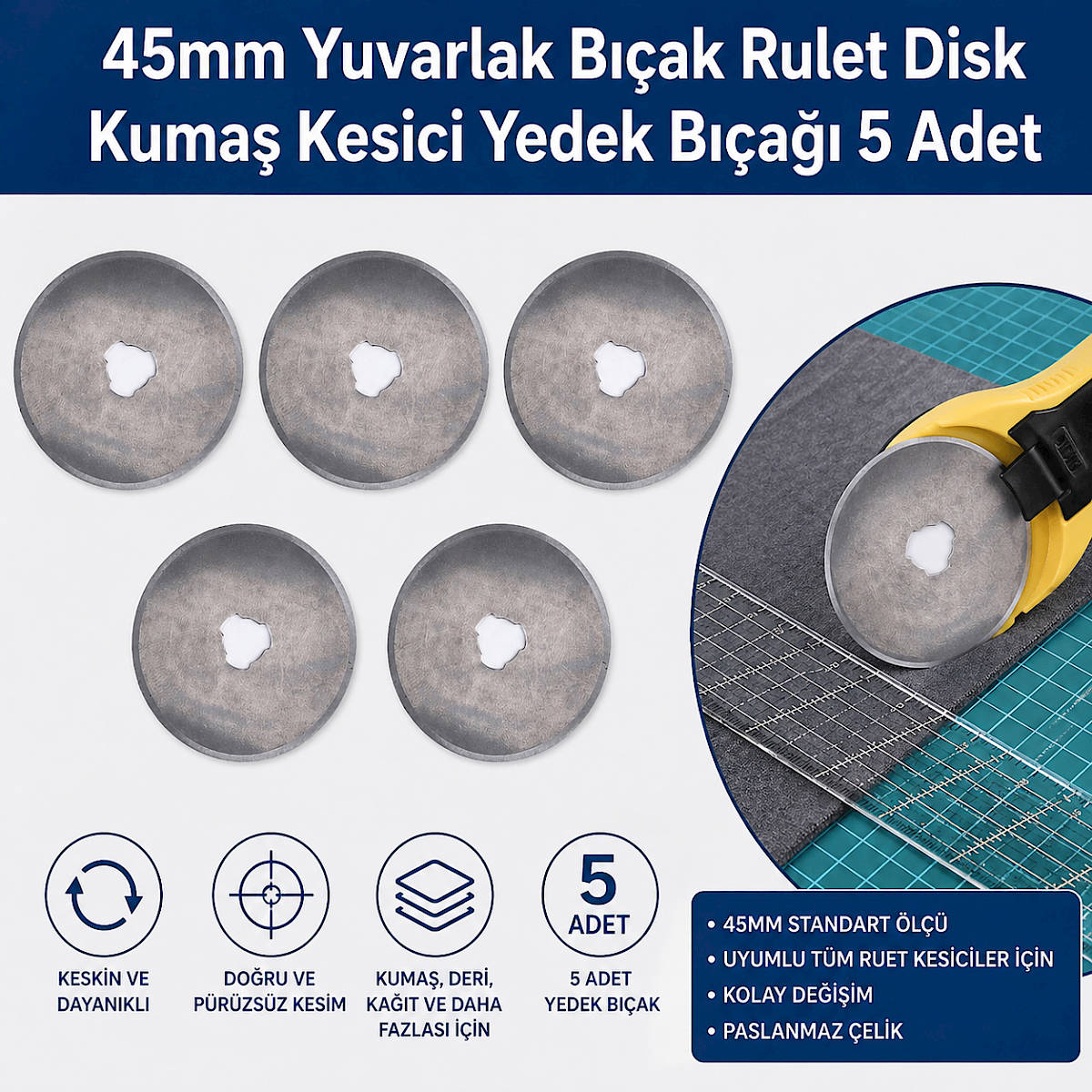 45mm Yuvarlak B��ak Rulet Disk Kuma� Kesici Yedek B��a�� 5 Adet