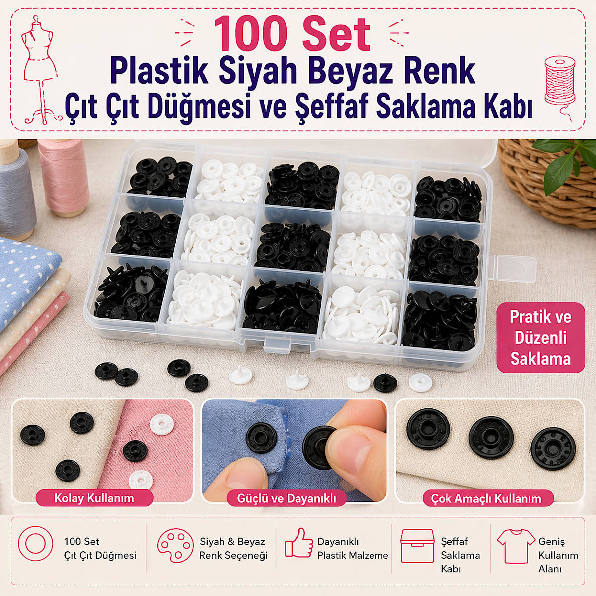 100 Set Plastik Siyah Beyaz Renk ��t ��t D��mesi ve �effaf Saklama Kab��