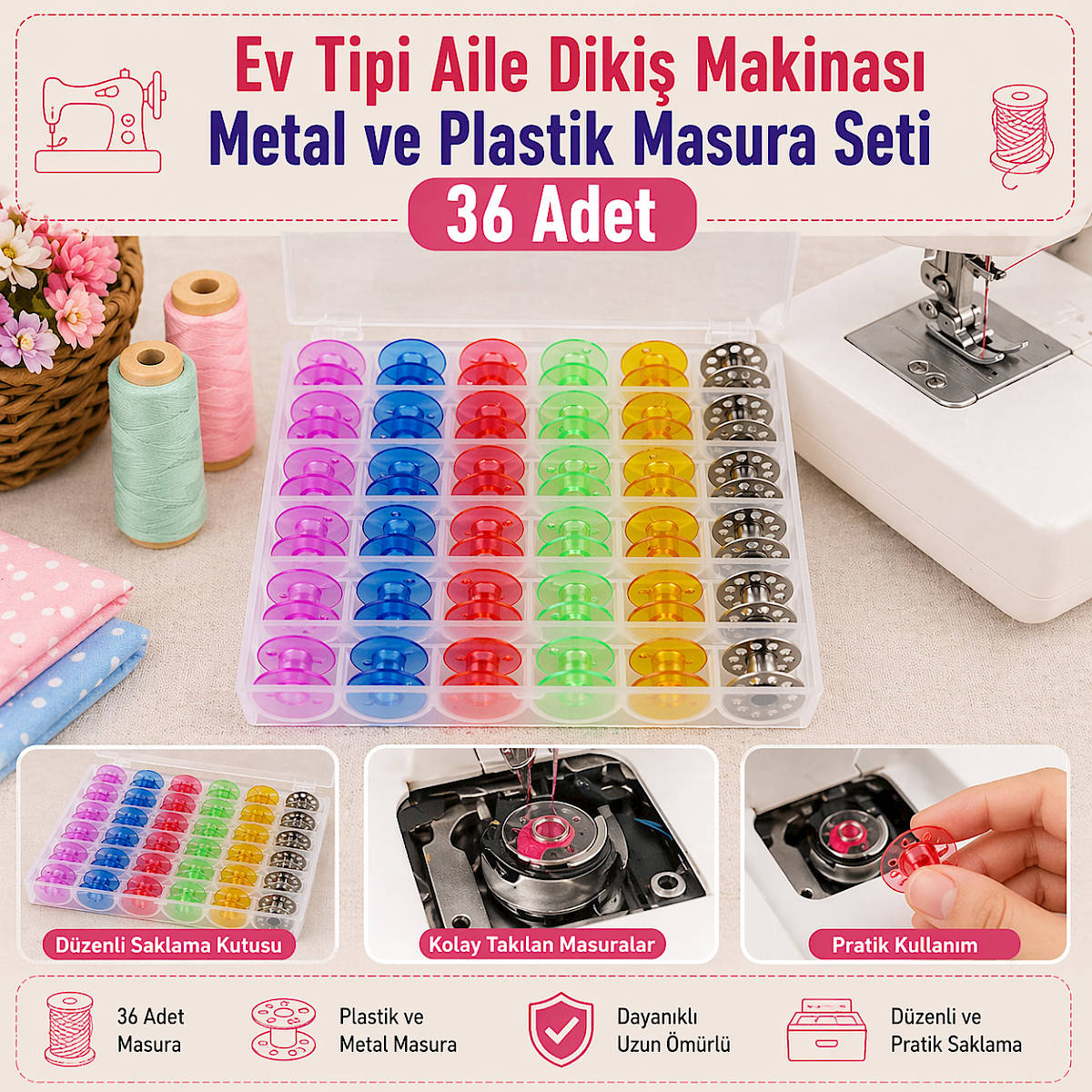 Ev Tipi Aile Diki� Makinas� Metal ve Plastik Masura Seti 36 Adet