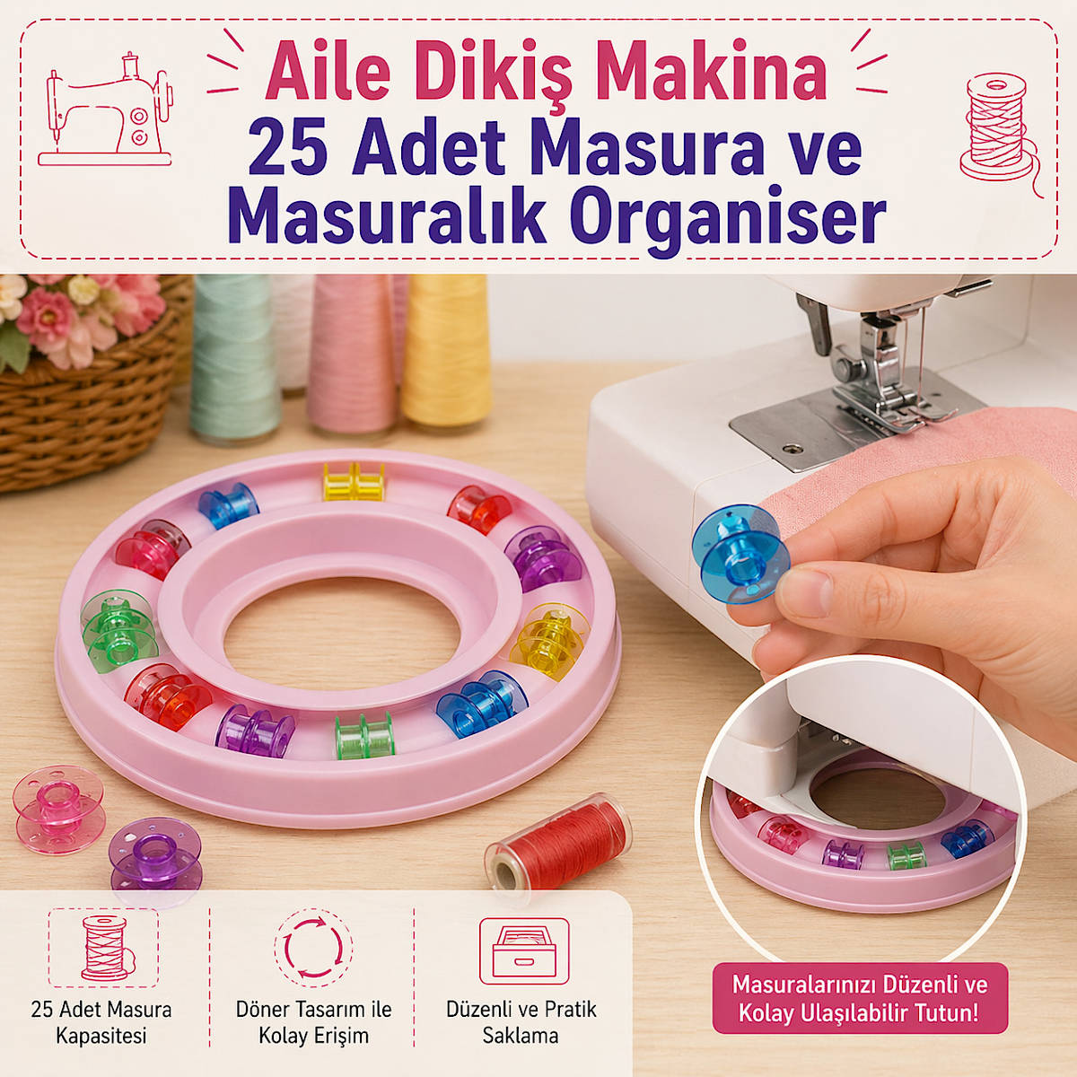 Ev Tipi Aile Diki� Makina Plastik Renkli 25 Adet Masura ve� Masural�k Organiser