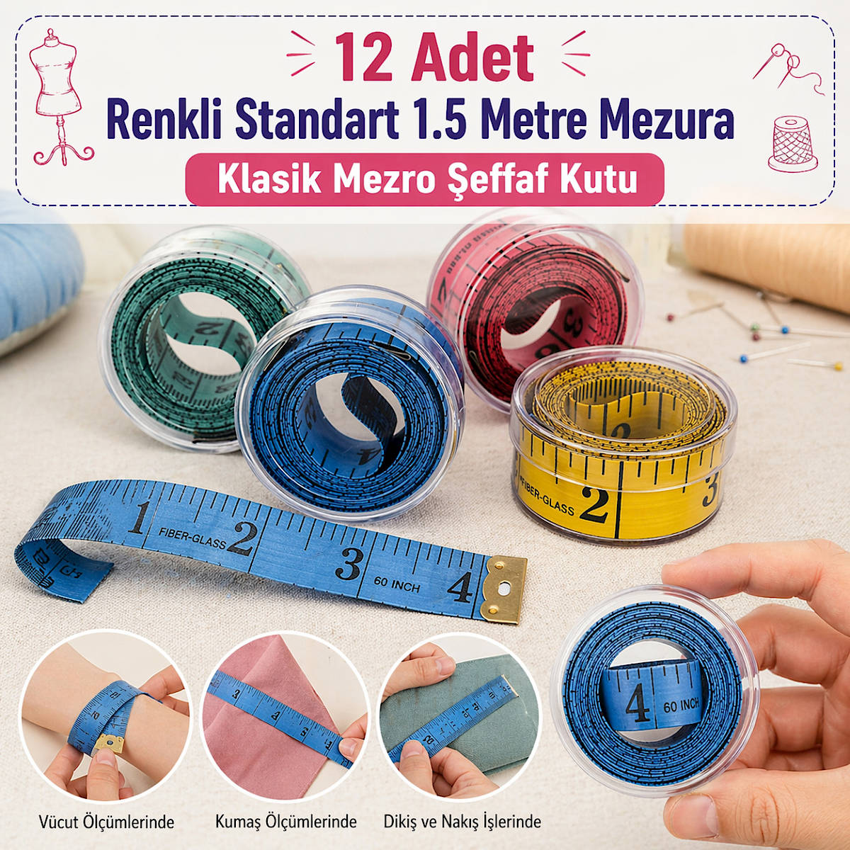 12 Adet Renkli Standart 1.5 Metre Mezura �effaf Kutulu