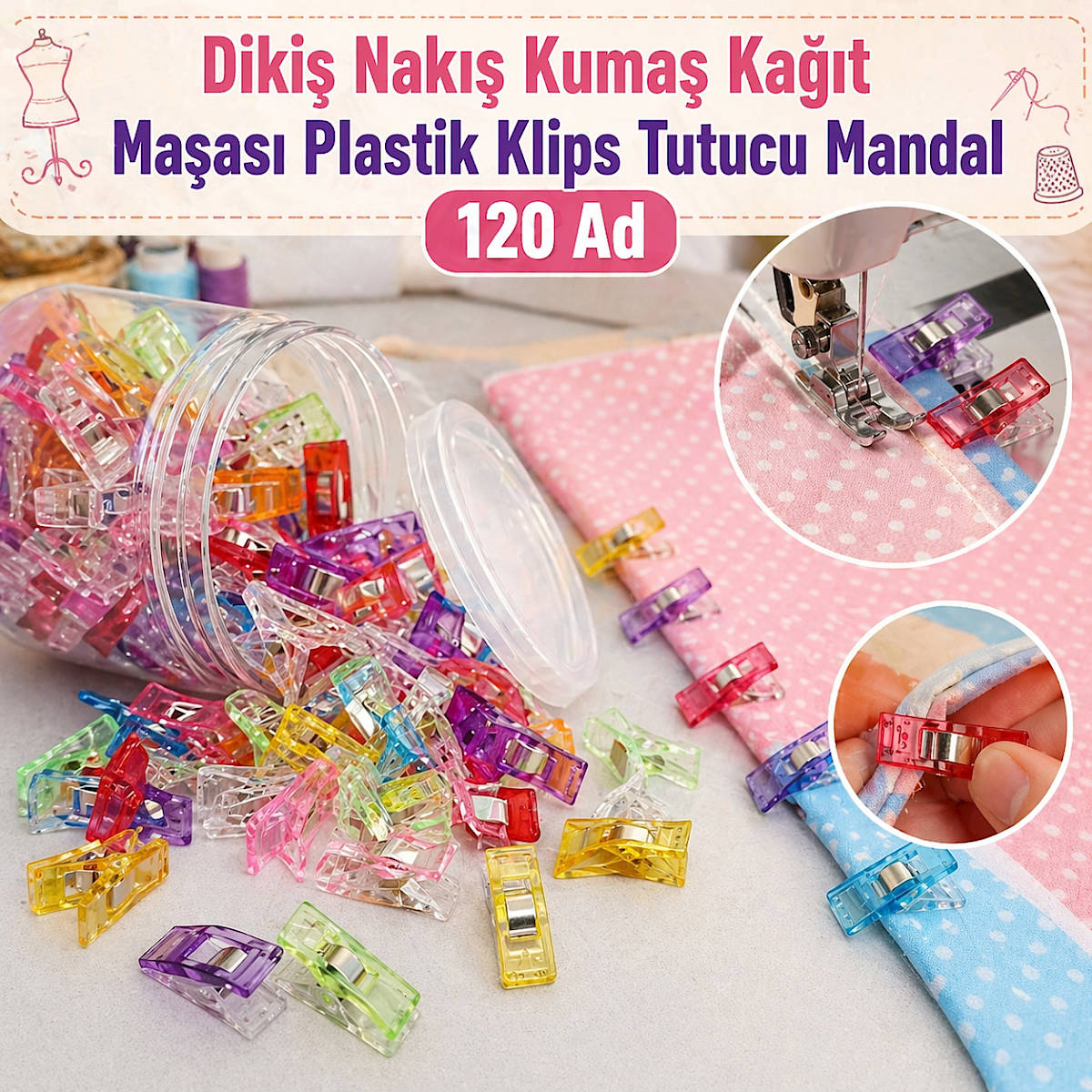 120 Adet Diki� Nak�� Kuma� Ma�as� Hobi Plastik Klips Ayarl� Ka��t Tutucu Mandal
