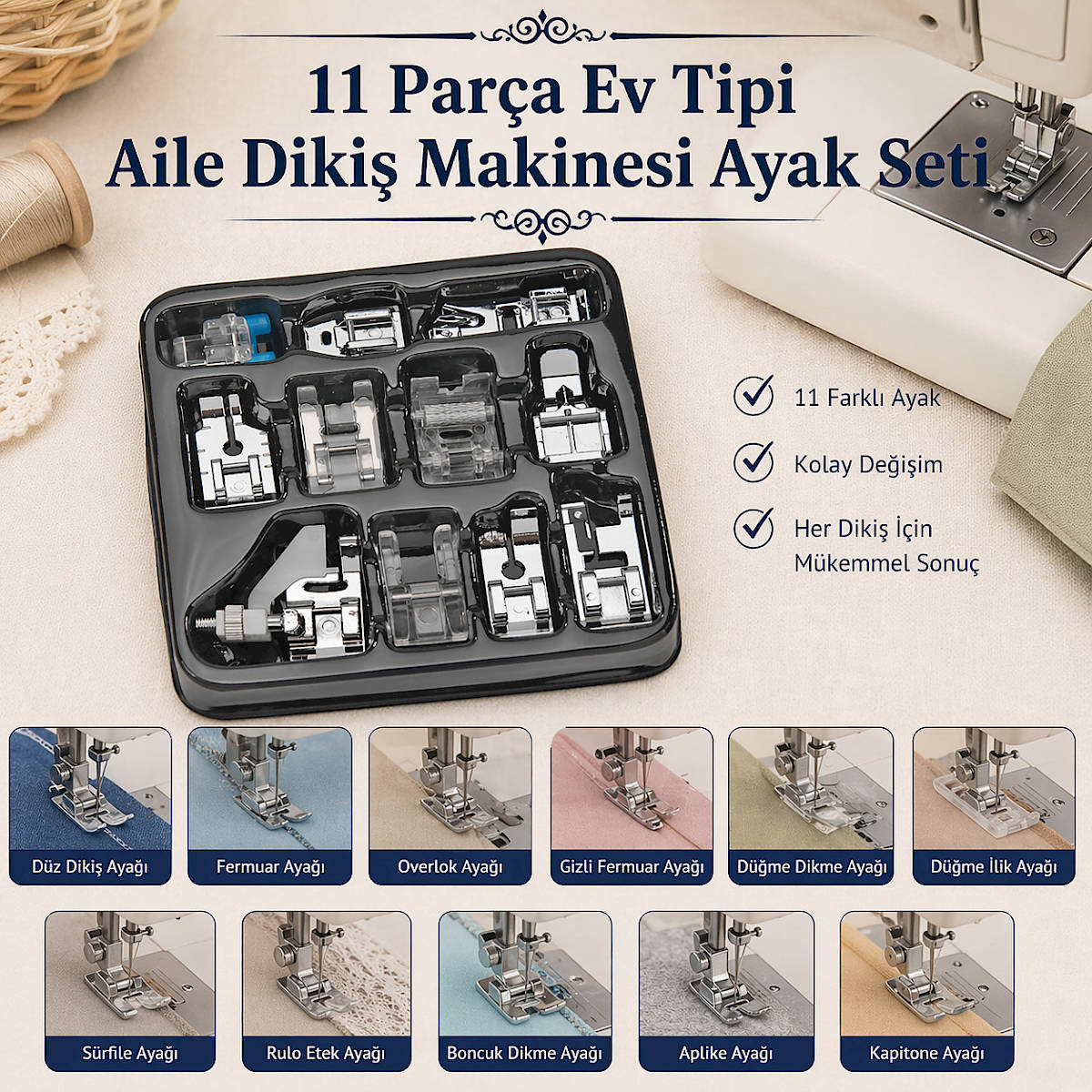 11 Par�a Ev Tipi Aile Diki� Dikme Makinesi Ayak Seti