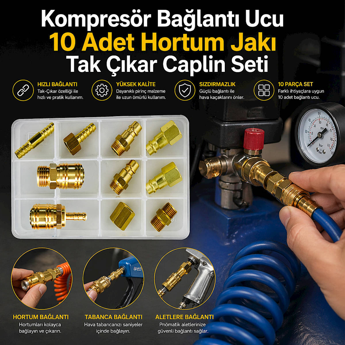 Kompres�r Ba�lant� Ucu 10 Adet Hortum Jak� Tak ��kar Caplin Seti