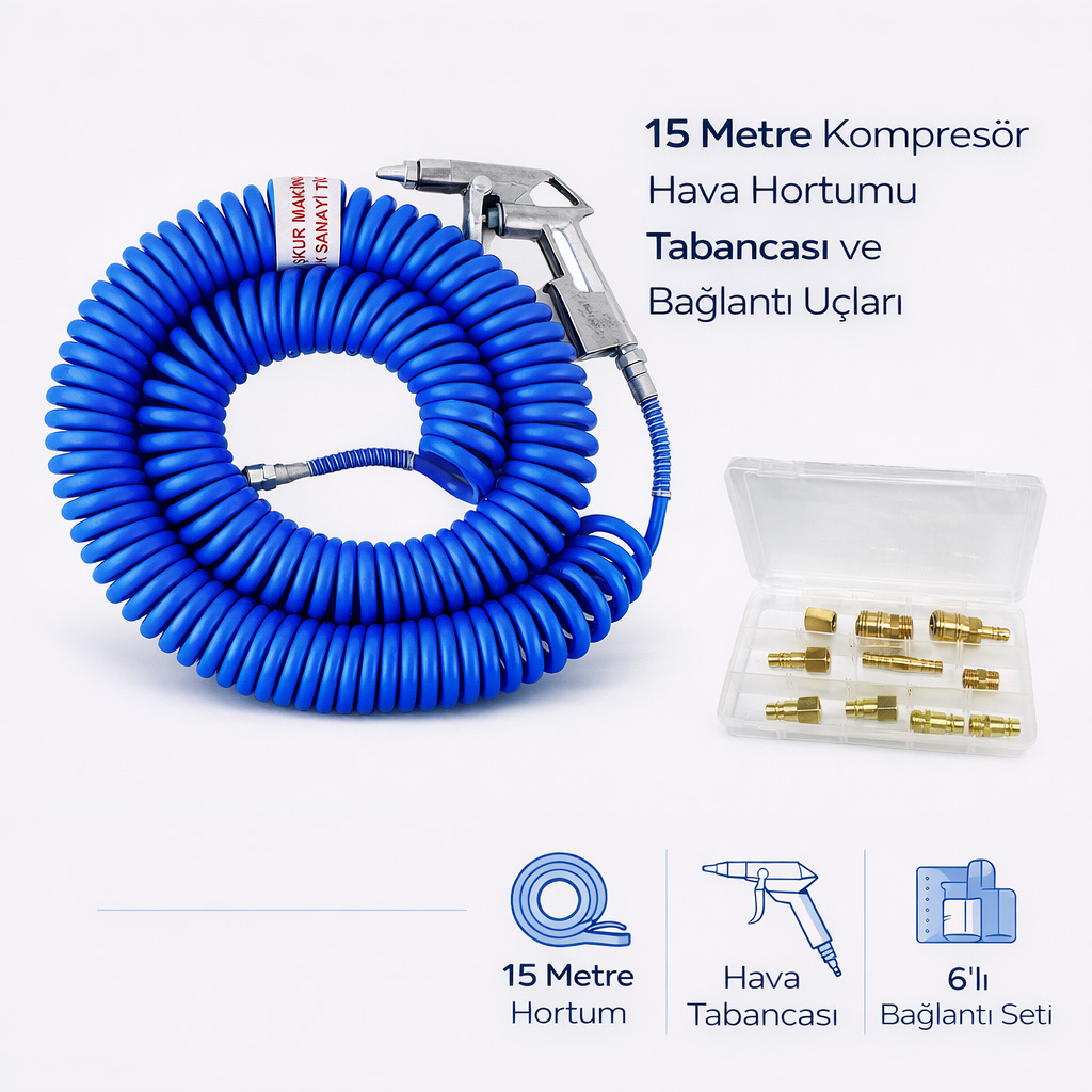 15 Metre Kompres�r Hava Hortumu Tabancas� Ve Ba�lant� U�lar�