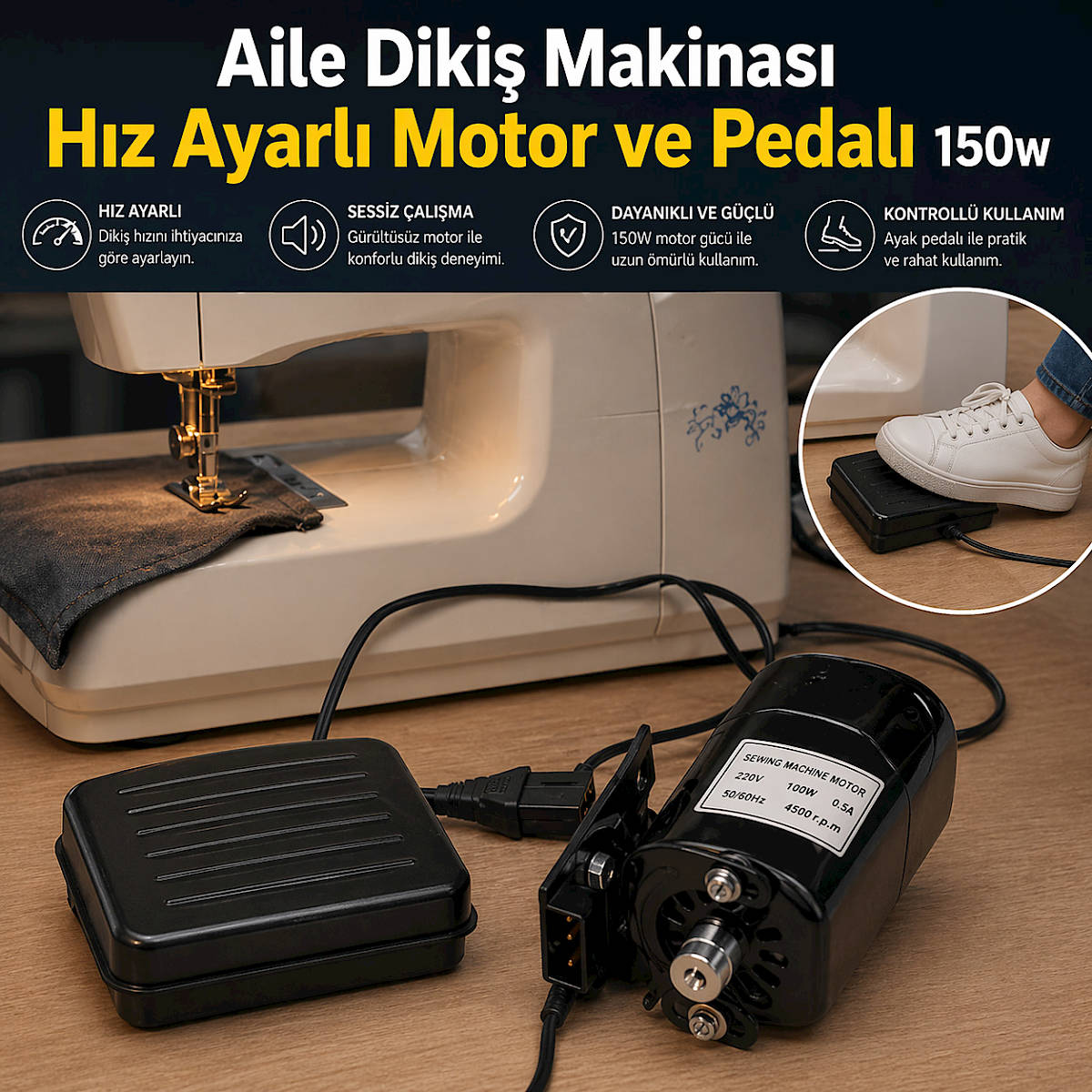 Aile Diki� Makinas� H�z Ayarl� Motor ve Pedal� 150w