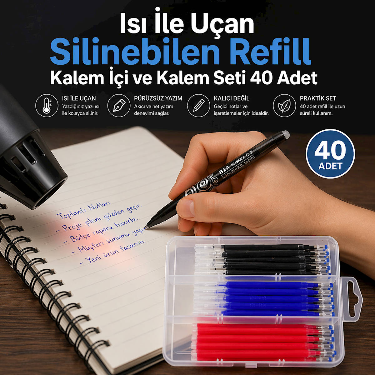 Is� �le U�an Silinebilen Refill Kalem ��i ve Kalem Seti 40 Adet