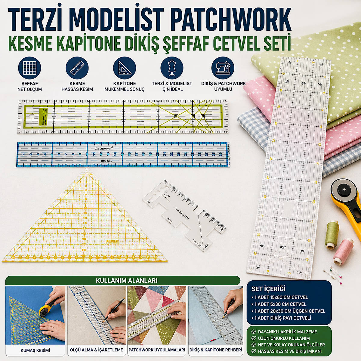 Terzi Modelist Patchwork Kesme Kapitone Diki� �effaf Cetvel Seti