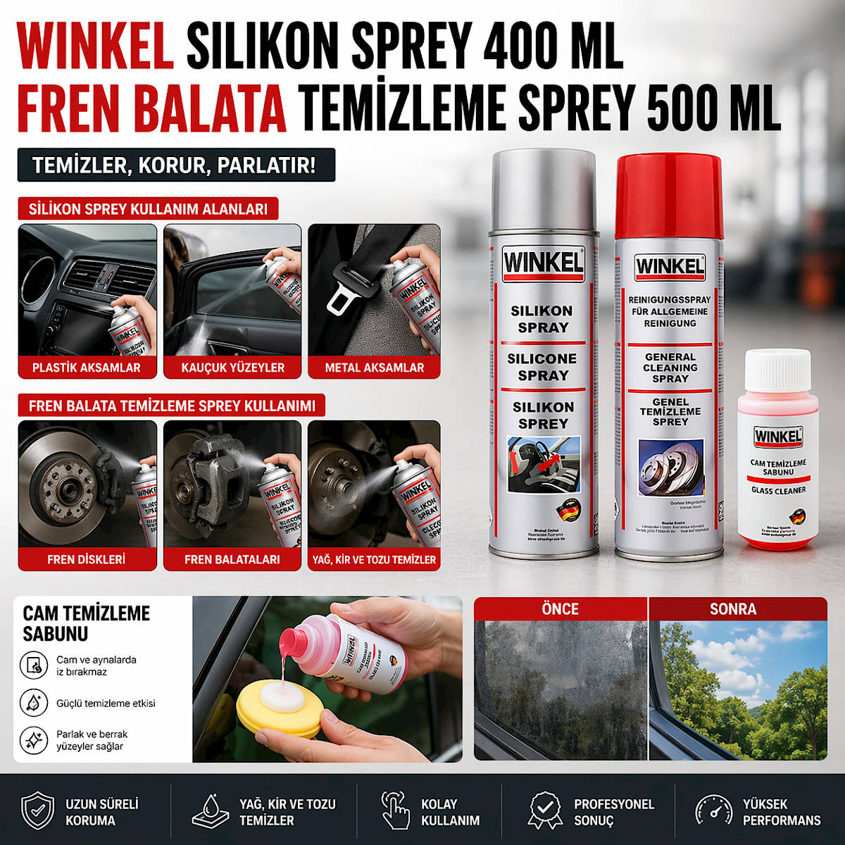 Winkel Silikon Sprey 400 ML Fren Balata Genel Temizleme Sprey 500ML Cam Sabunu 40 ML Temizlik Seti
