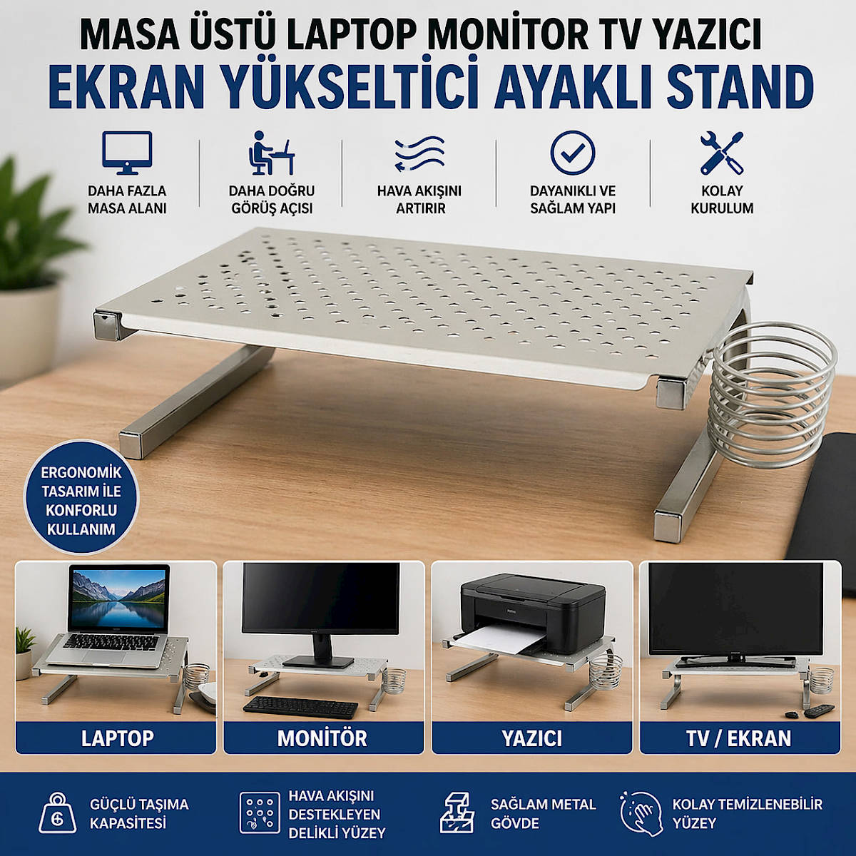 Masa Sehpa �st� Laptop LCD Monitor Tv Yaz�c� Ekran Y�kseltici� Ayakl� Kalemlik B�lmeli Metal Stand
