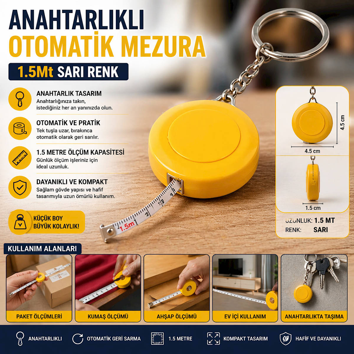 Anahtarl�kl� Otomatik Mezura 1.5Mt Sar� Renk