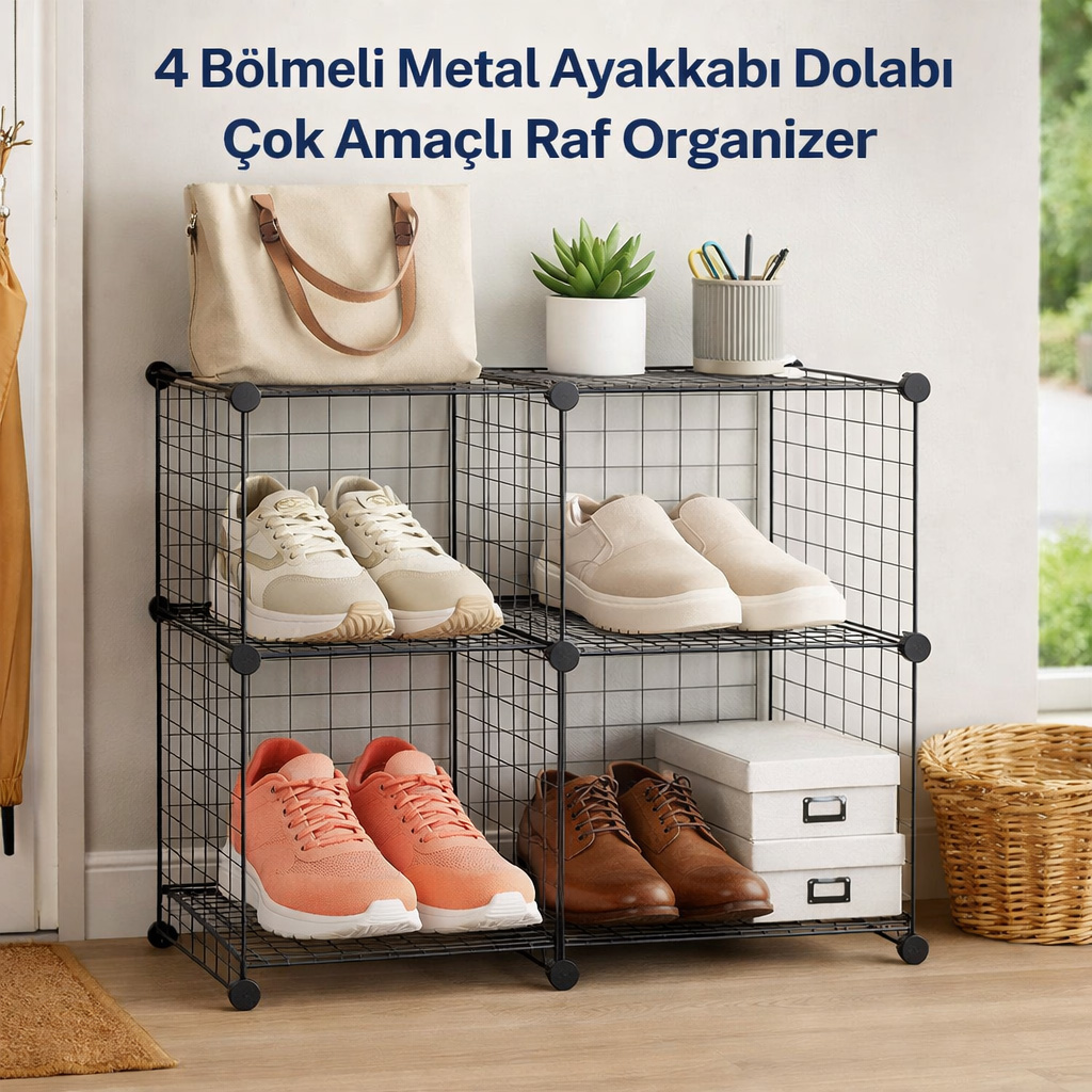 4 B�lmeli Metal Ayakkab� Dolab� �ok Ama�l� Raf Organizer
