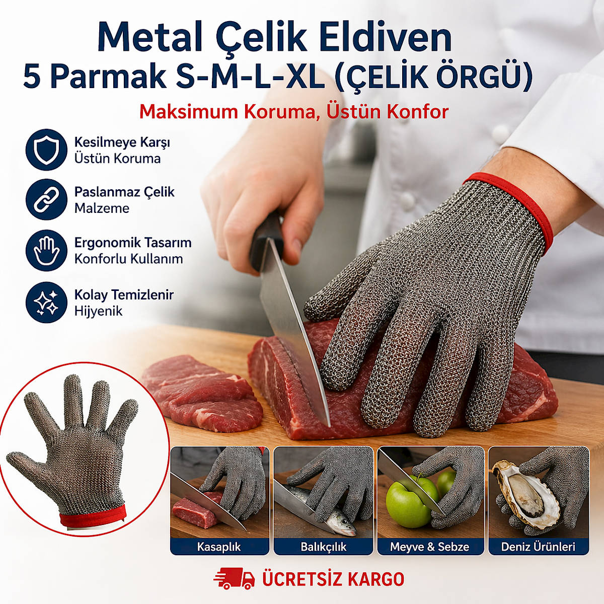 Metal �elik Eldiven 5 Parmak S-M-L-XL (�EL�K �RG�)