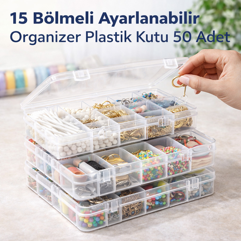 15 B�lmeli Ayarlanabilir Kolye Y�z�k Tak� Kutusu Organizer D�zenleyici Plastik Kutu 