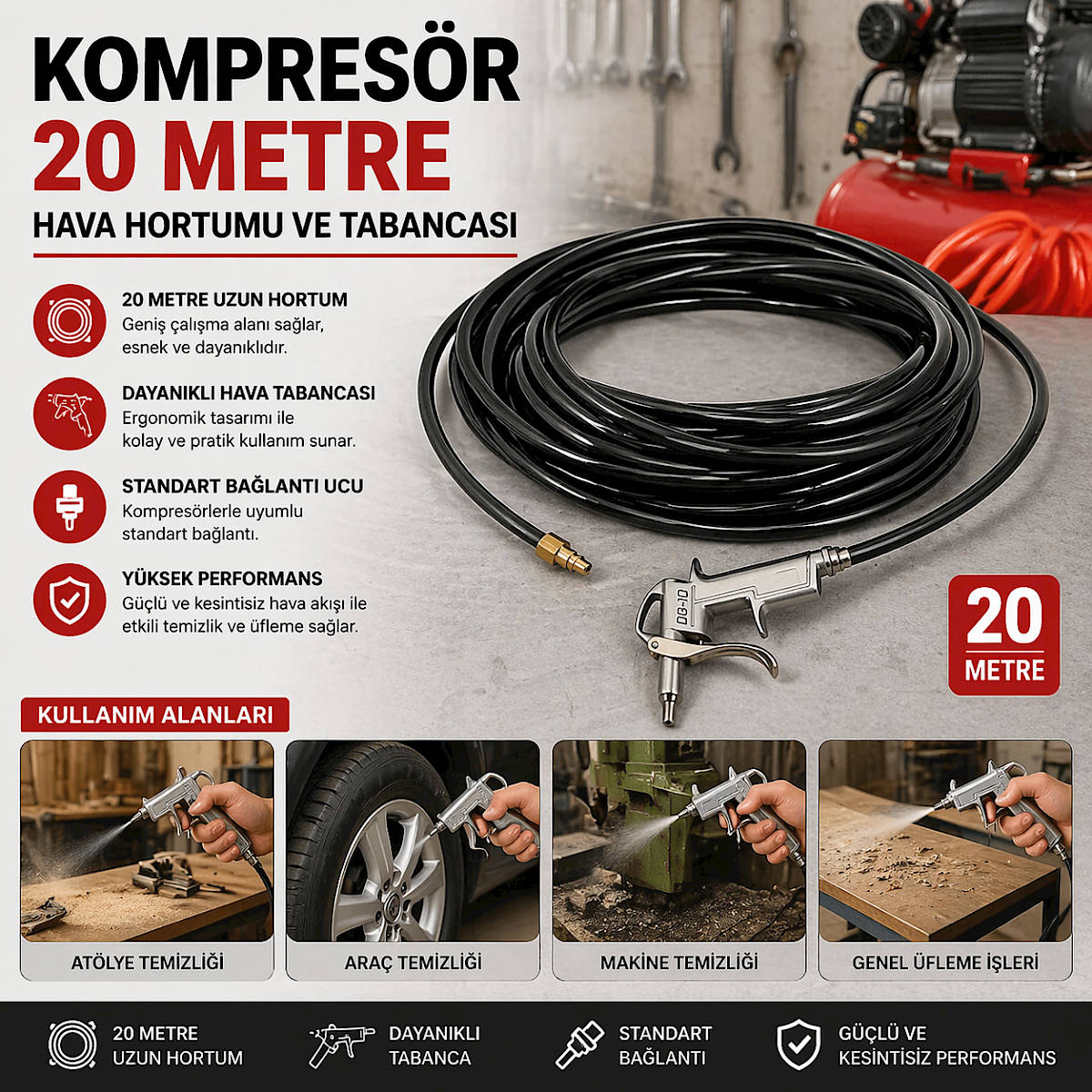 Kompres�r Spiral Pn�matik 20 Metre Hava Hortumu ve Tabancas�