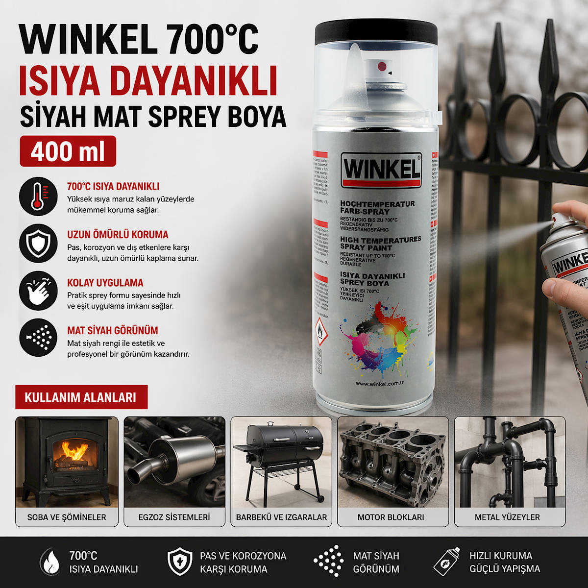 Winkel 700�C Is�ya Dayan�kl� Siyah Mat Sprey Boya 400 ml
