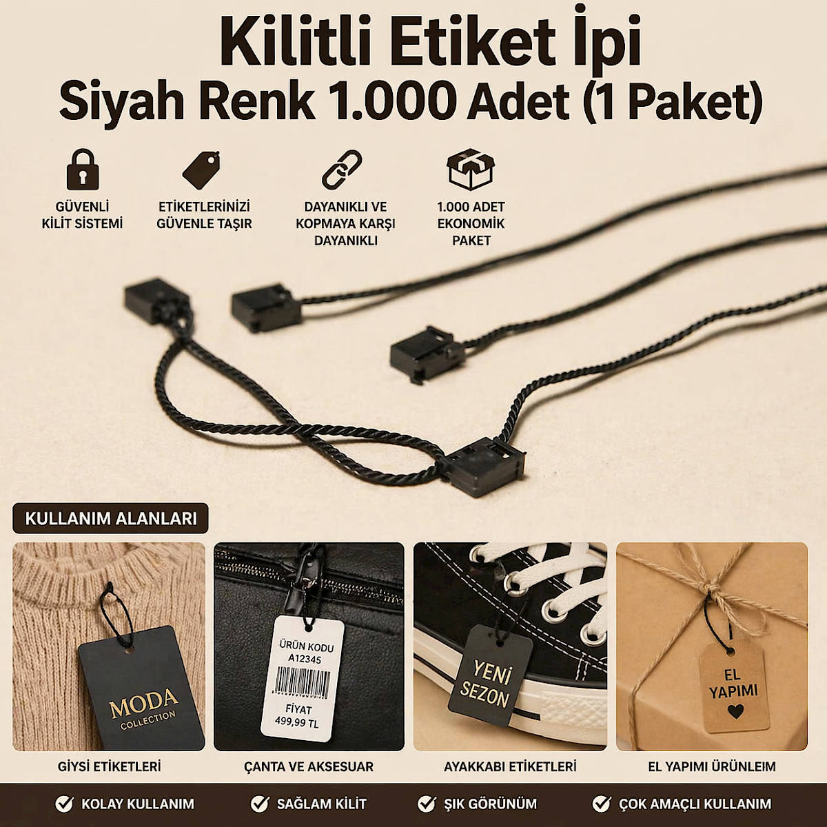 Kilitli Etiket �pi Siyah Renk 1.000 Adet (1 Paket)