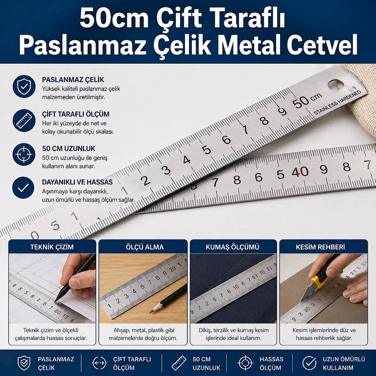 50cm �ift Tarafl� Paslanmaz �elik Metal Cetvel
