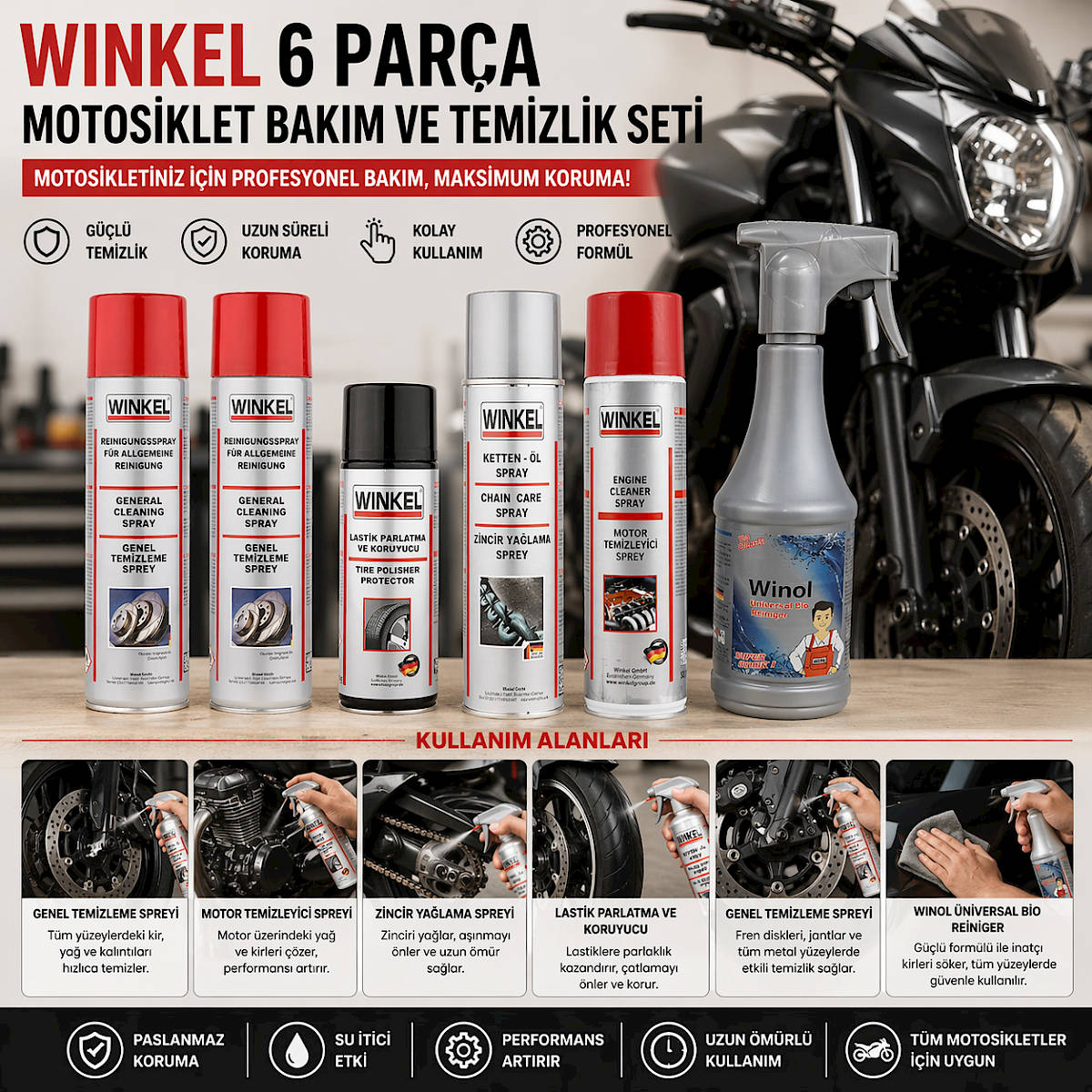Winkel 6 Par�a Motosiklet Bak�m ve Temizlik Seti