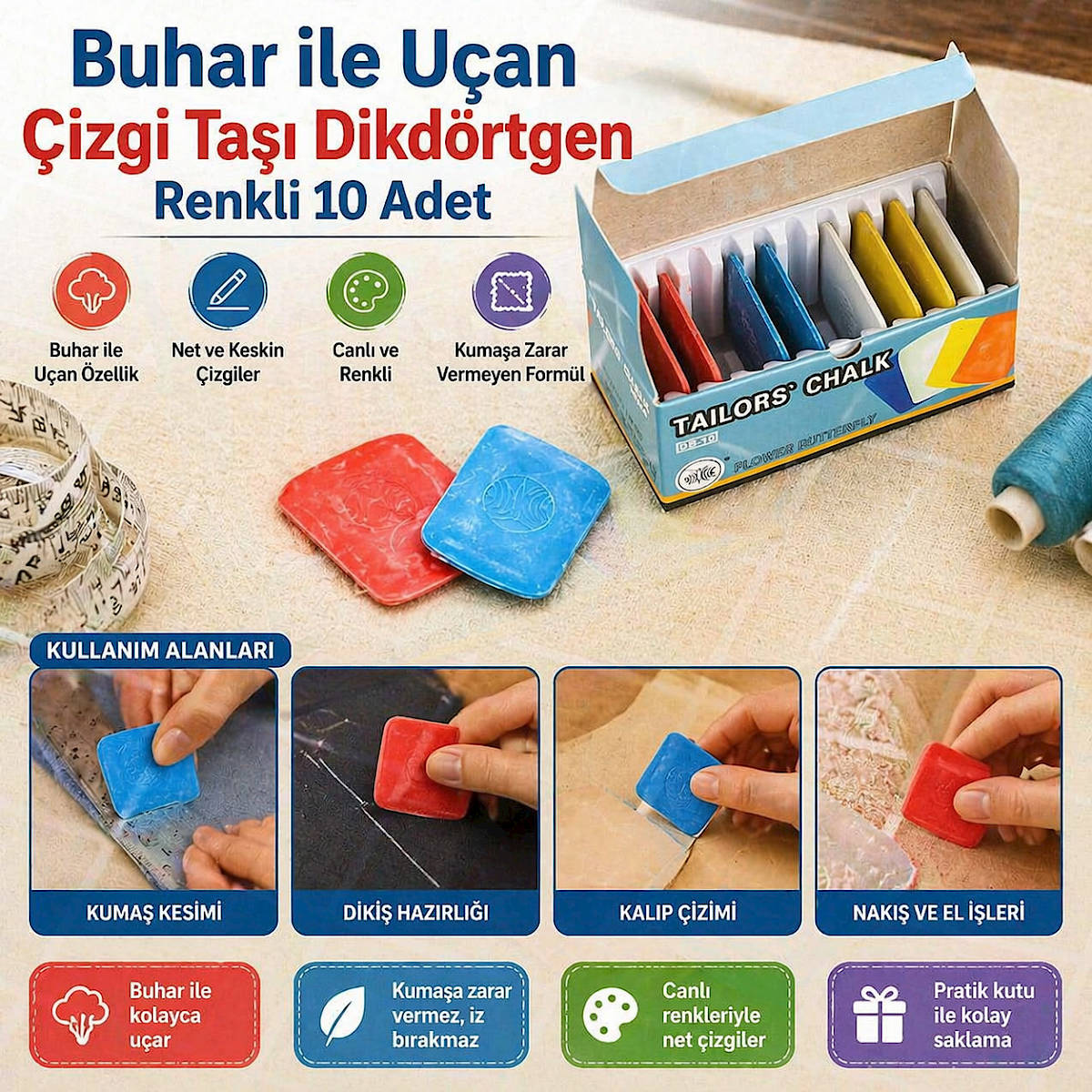 Buhar ile U�an �izgi Ta�� Dikd�rtgen Renkli 10 Adet