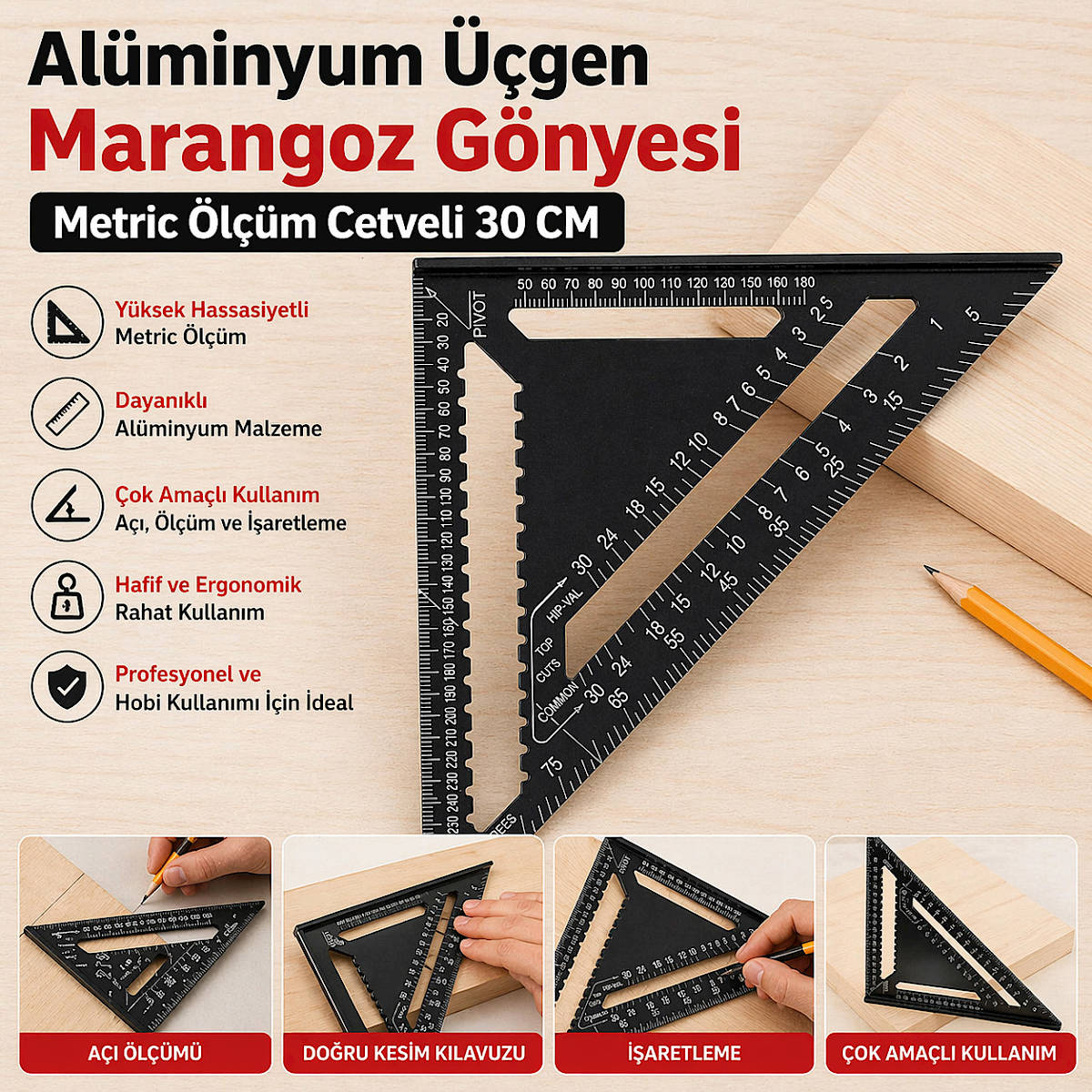 Al�minyum ��gen Marangoz G�nyesi Metric �l��m Cetveli 30 CM