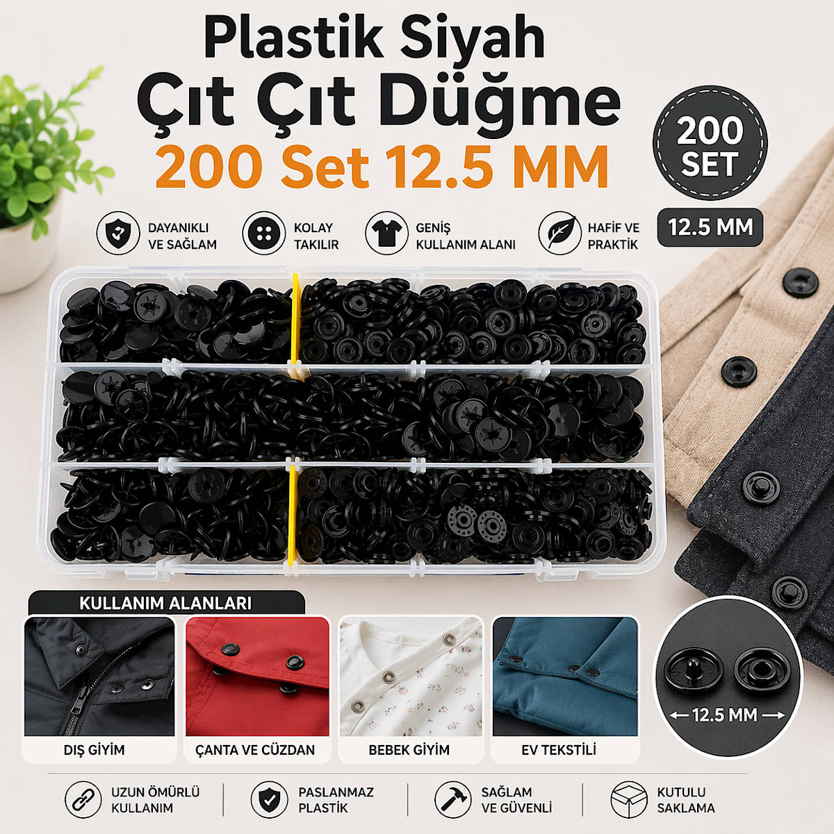 Plastik Siyah ��t ��t D��me 200 Set 12.5 MM