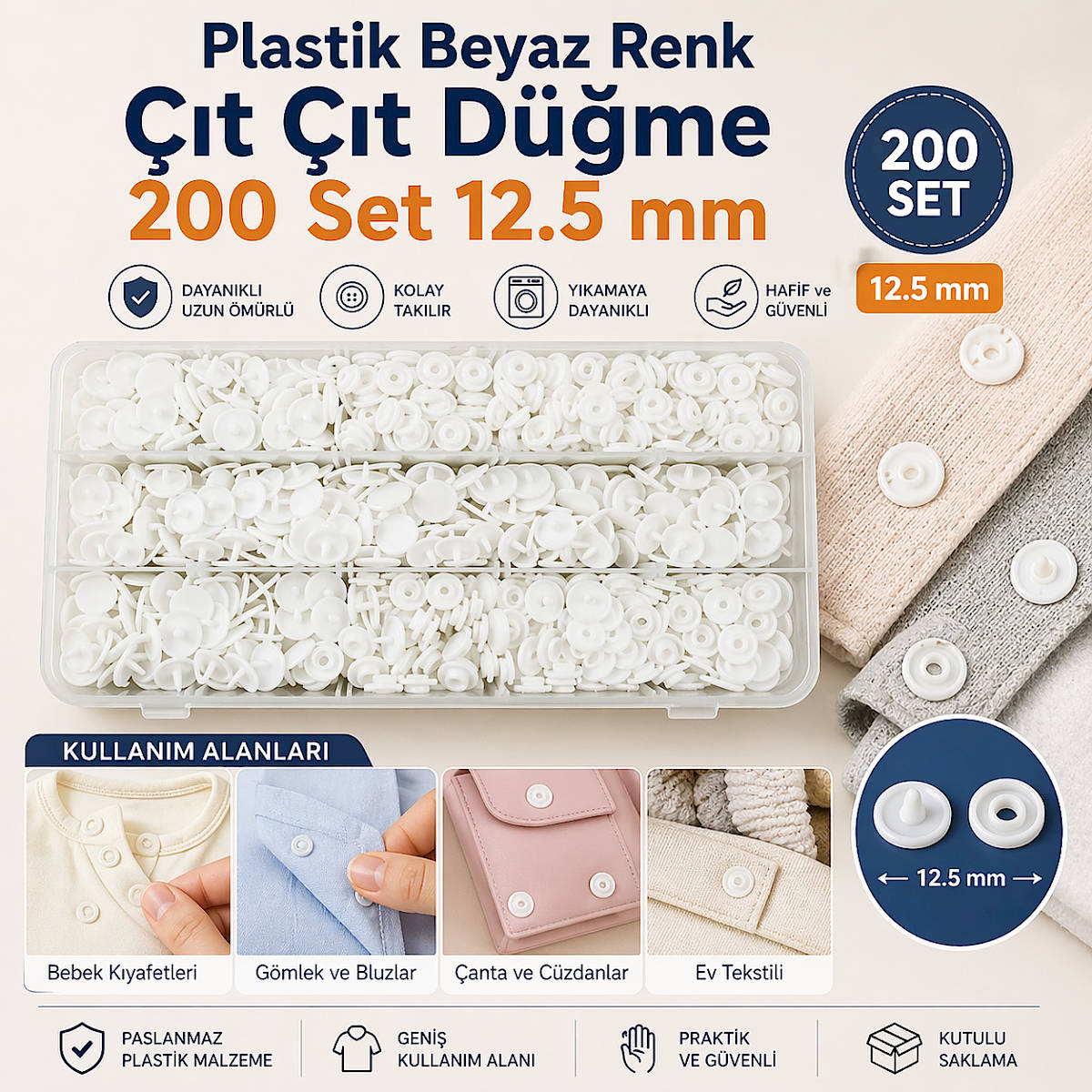 Plastik Beyaz Renk ��t ��t D��me 200 Set 12.5 Mm