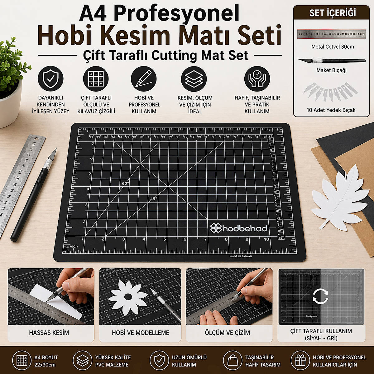 A4 Profesyonel Hobi Kesim Mat� Seti �ift Tarafl� Cutting Mat Set