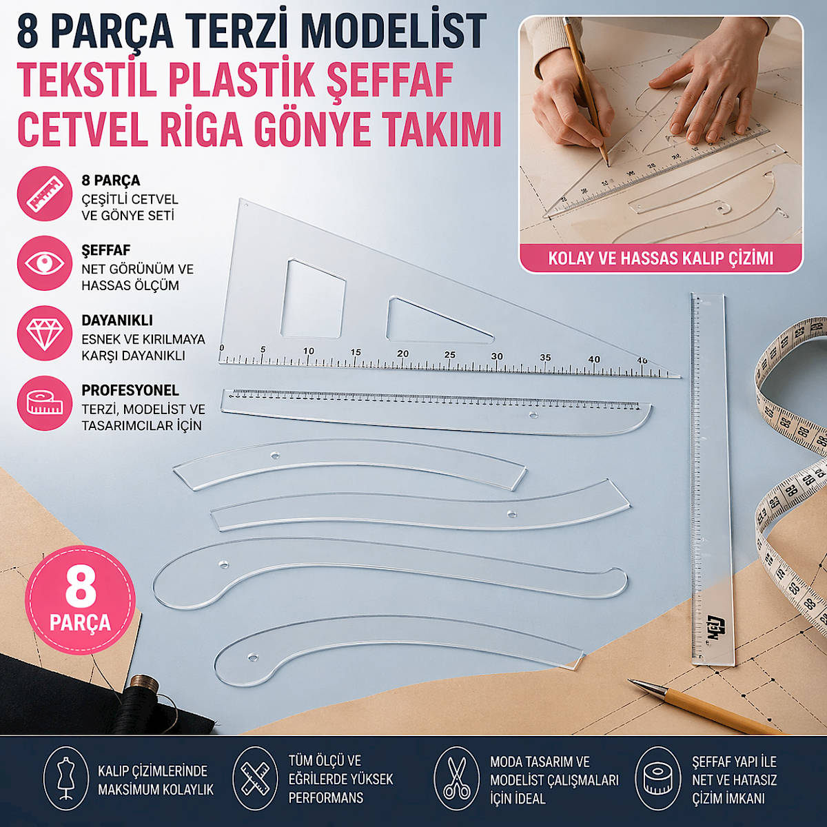 8 Par�a Terzi Modelist Tekstil Plastik �effaf Cetvel Riga G�nye Tak�m�