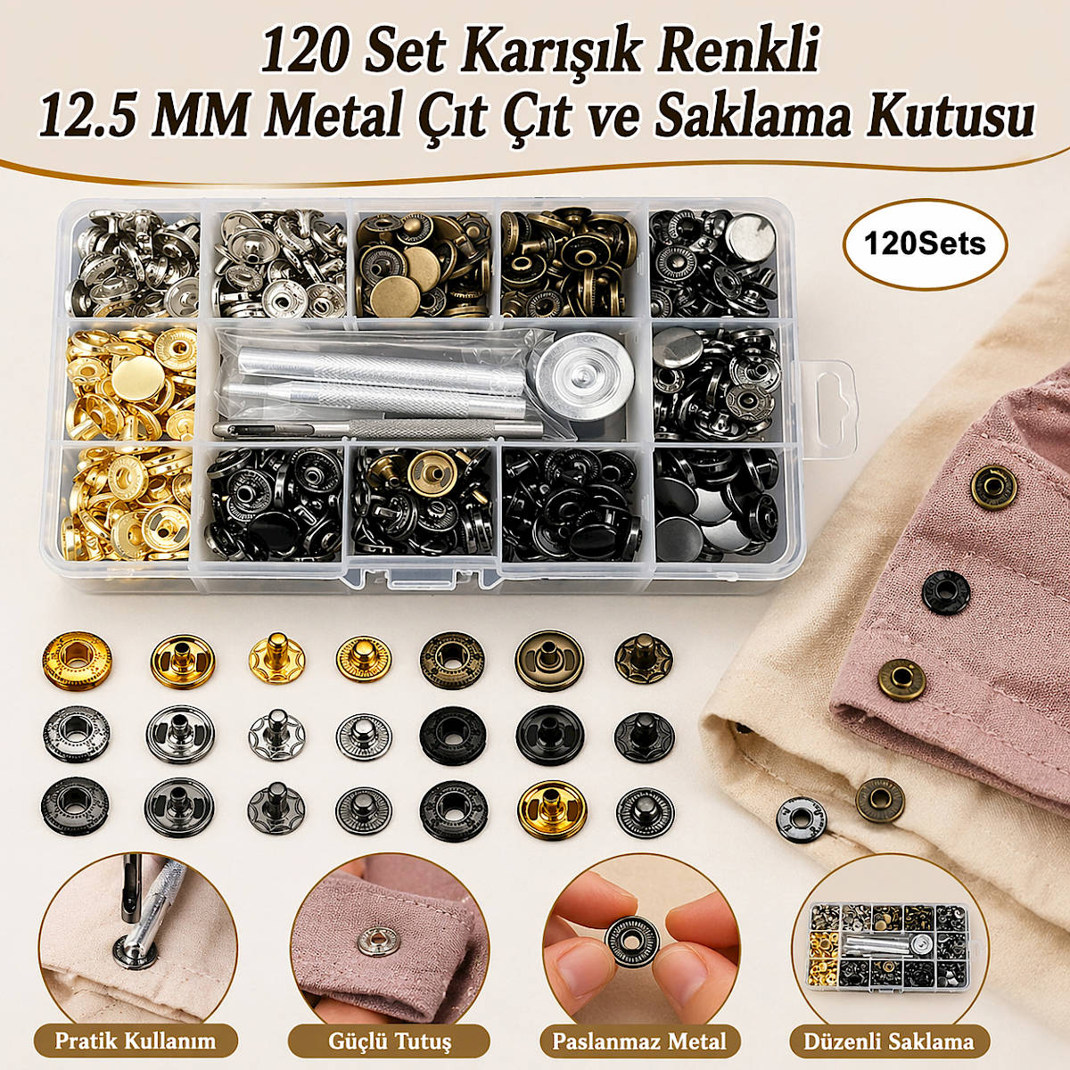 120 Set Kar���k Renkli 12.5 MM Metal ��t ��t ve Saklama Kutusu 